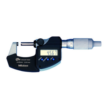 mitutoyo 293-234-30 digimatic coolant proof micrometer with ratchet thimble and spc 0-25mm range